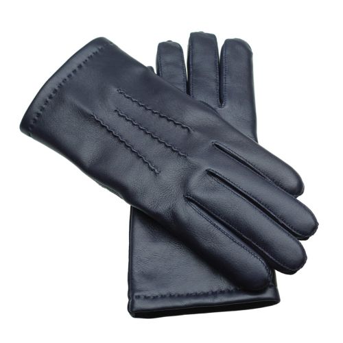 NOBLE - Granatowe, męskie rękawiczki ocieplane - miękka skóra nappa