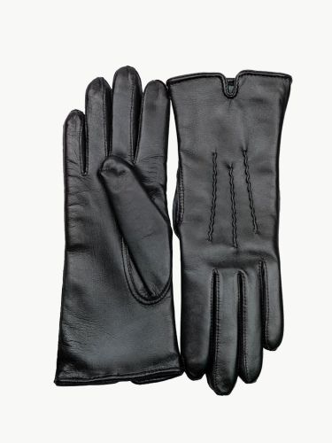 PARIS - Czarne, eleganckie damskie rękawiczki skórzane - ocieplane wełną lub kaszmirem